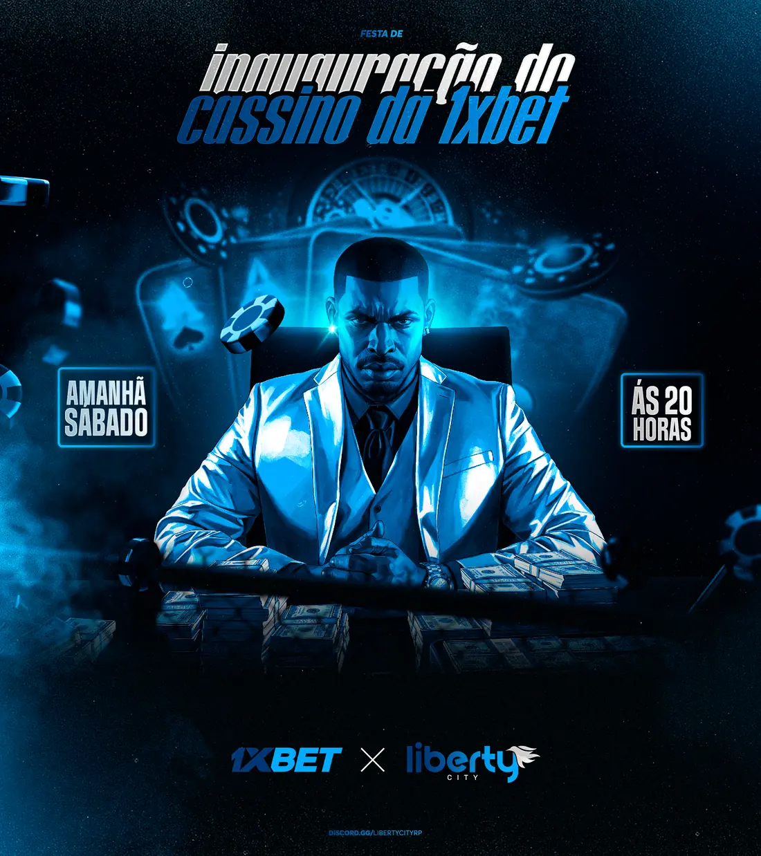 Pôster de inauguração do cassino da 1XBET no servidor Liberty, em tons de azul.