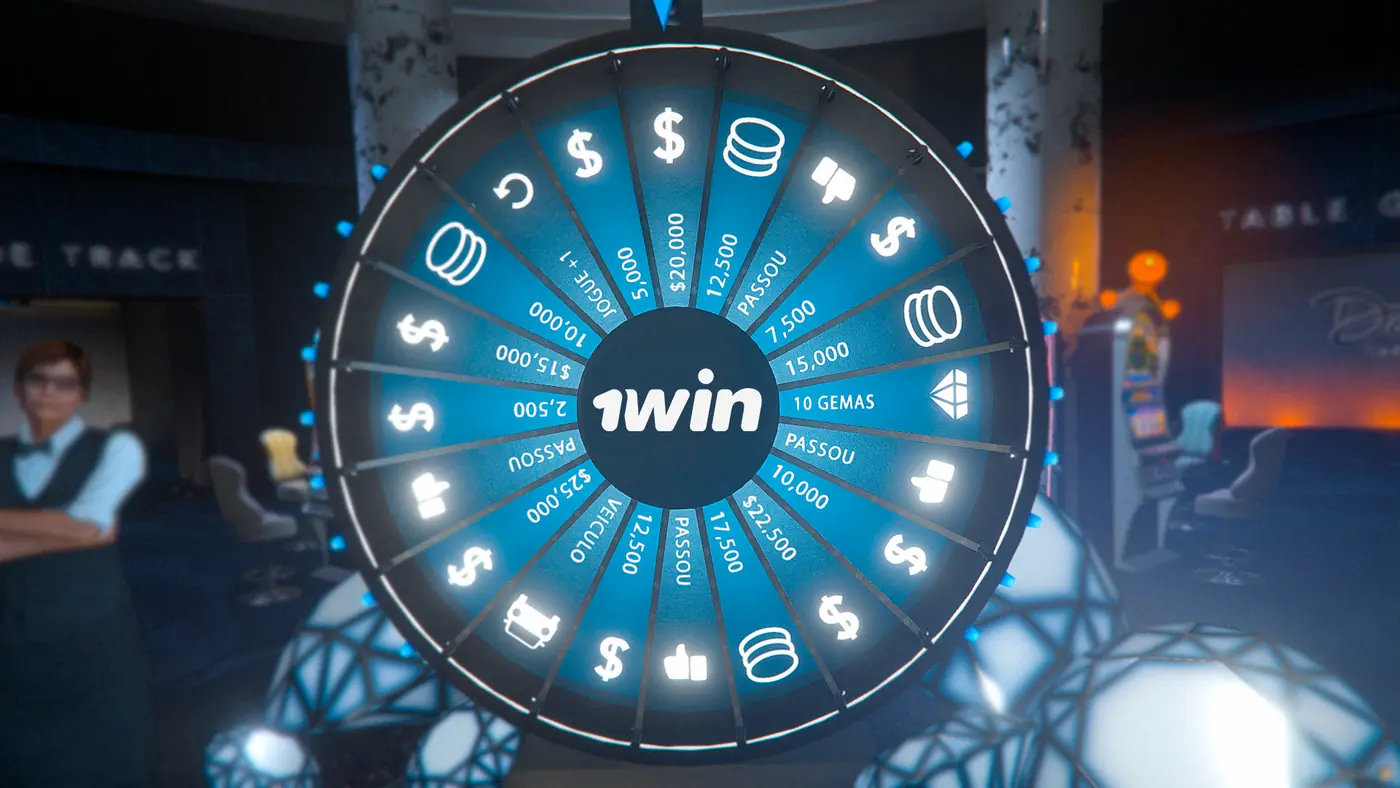 Roleta iluminada com o logo da 1WIN dentro do cassino tematizado do servidor.