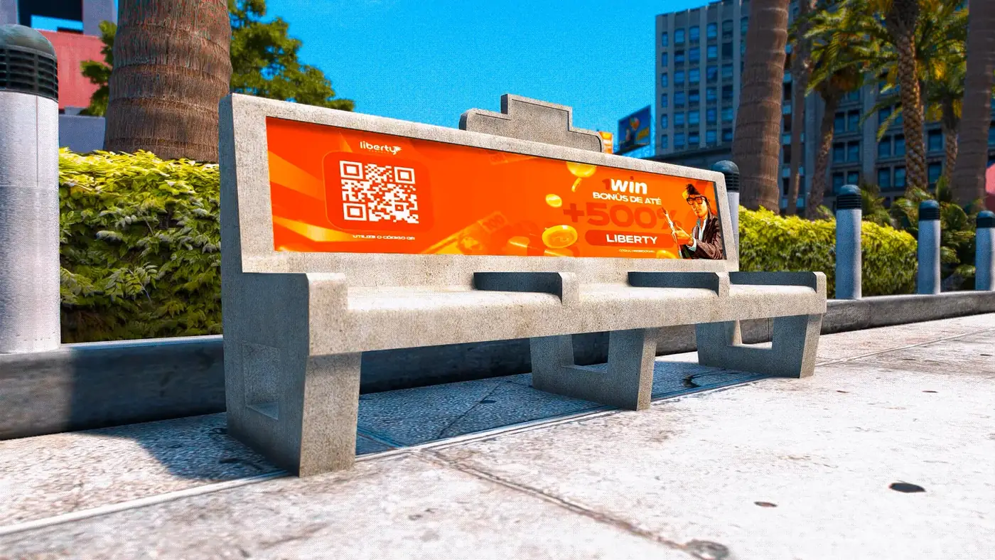 Banco de praça com o anúncio da 1WIN e QR code no encosto.